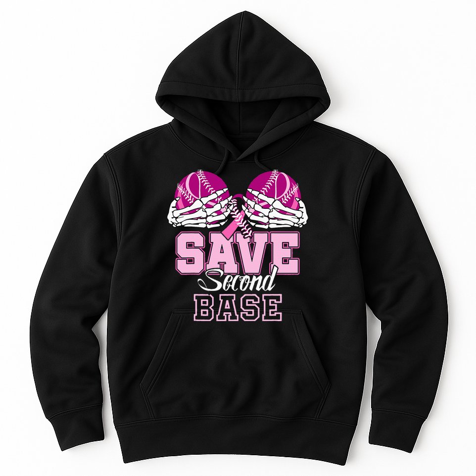 Save Second 2nd Base Funny Baseball Breast Cancer Awareness Hoodie