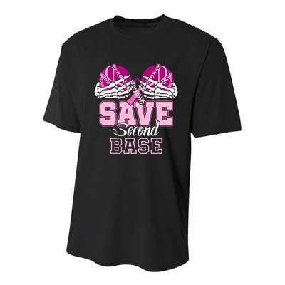 Save Second 2nd Base Funny Baseball Breast Cancer Awareness Youth Performance Sprint T-Shirt