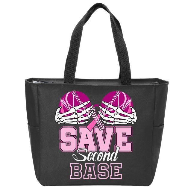 Save Second 2nd Base Funny Baseball Breast Cancer Awareness Zip Tote Bag