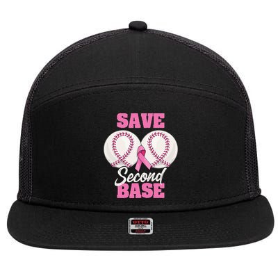 Save Second 2nd Base Funny Baseball Breast Cancer Awareness 7 Panel Mesh Trucker Snapback Hat