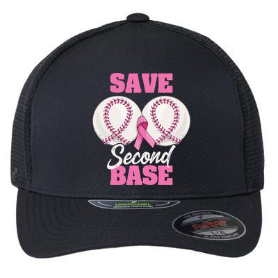 Save Second 2nd Base Funny Baseball Breast Cancer Awareness Flexfit Unipanel Trucker Cap