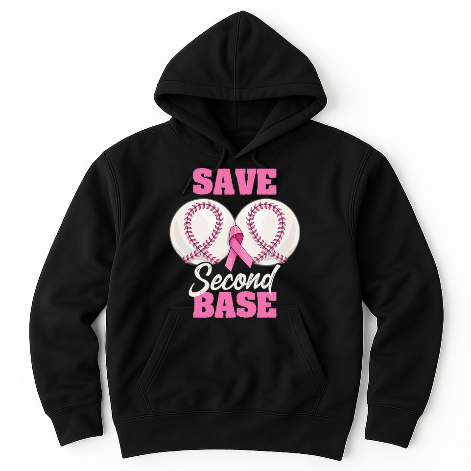 Save Second 2nd Base Funny Baseball Breast Cancer Awareness Hoodie