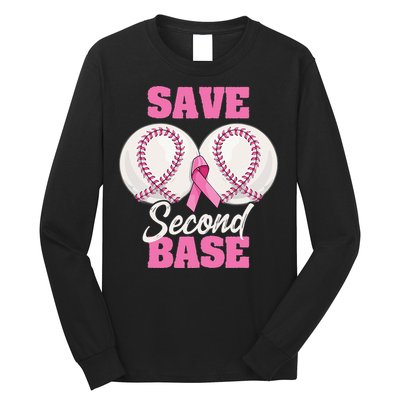 Save Second 2nd Base Funny Baseball Breast Cancer Awareness Long Sleeve Shirt
