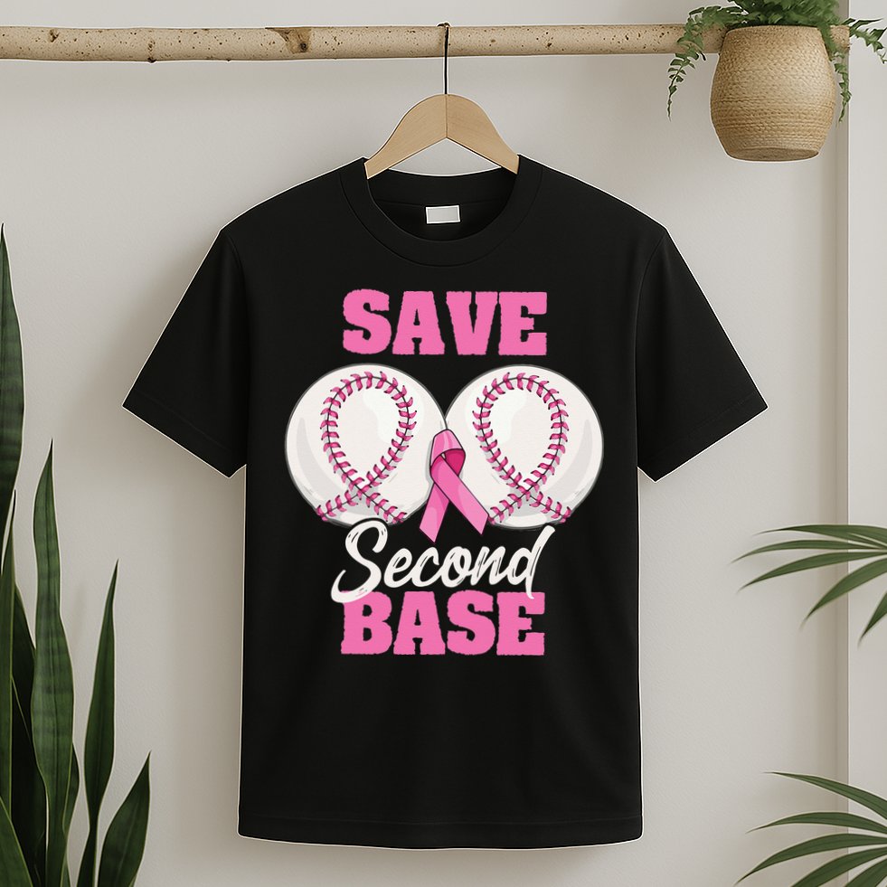 Save Second 2nd Base Funny Baseball Breast Cancer Awareness T-Shirt
