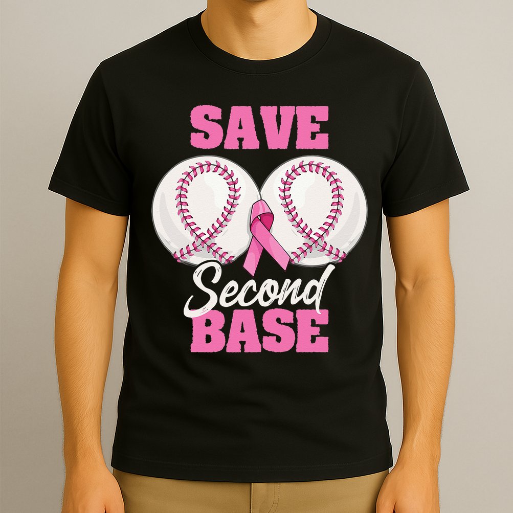 Save Second 2nd Base Funny Baseball Breast Cancer Awareness T-Shirt