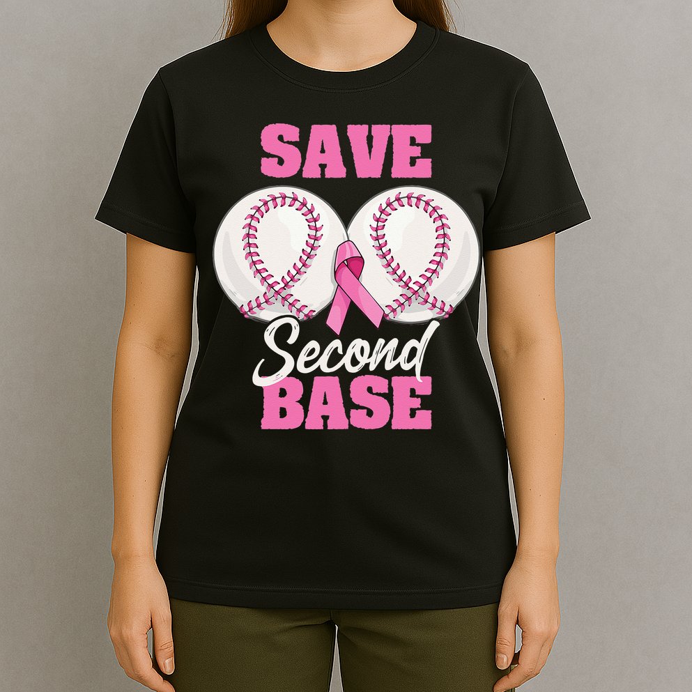 Save Second 2nd Base Funny Baseball Breast Cancer Awareness T-Shirt