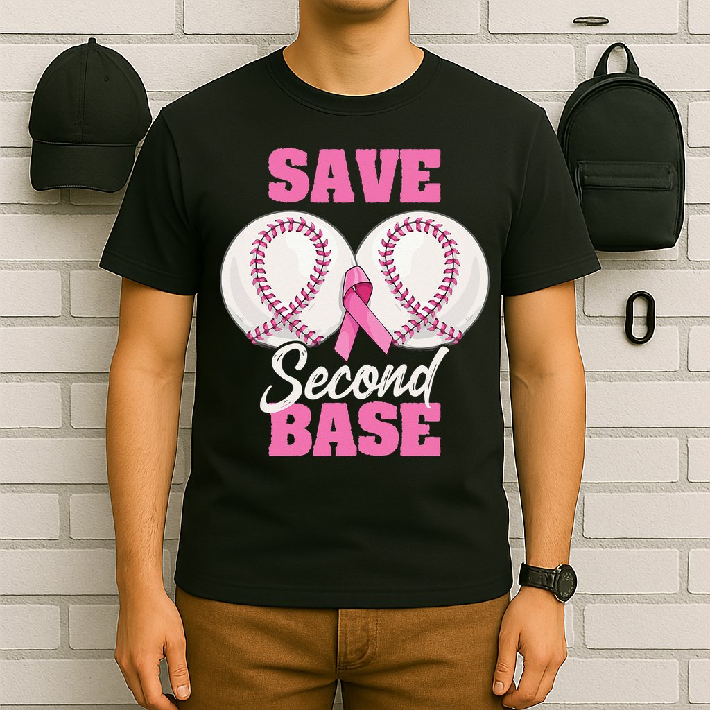 Save Second 2nd Base Funny Baseball Breast Cancer Awareness T-Shirt