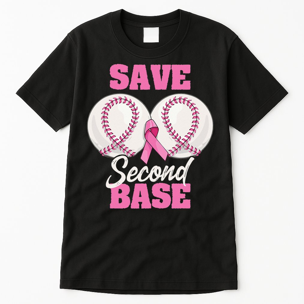 Save Second 2nd Base Funny Baseball Breast Cancer Awareness Tall T-Shirt