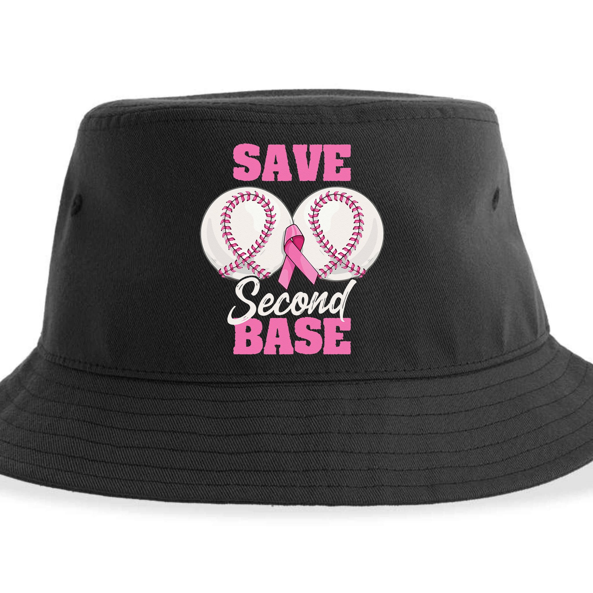 Save Second 2nd Base Funny Baseball Breast Cancer Awareness Sustainable Bucket Hat