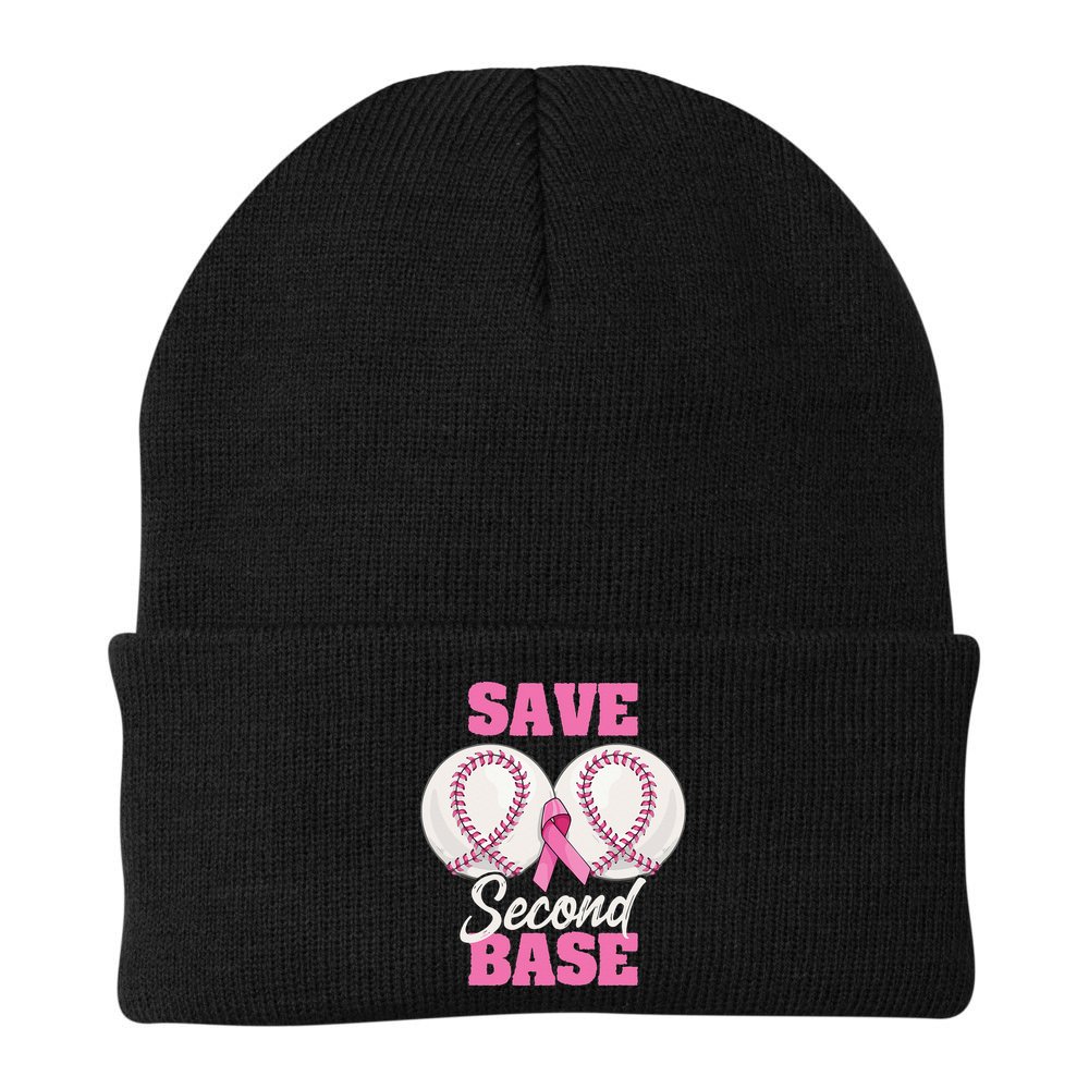 Save Second 2nd Base Funny Baseball Breast Cancer Awareness Beanie