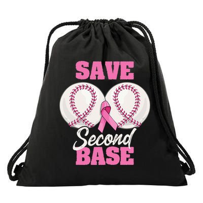Save Second 2nd Base Funny Baseball Breast Cancer Awareness Drawstring Bag