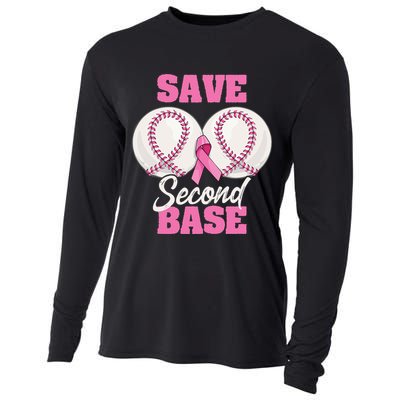 Save Second 2nd Base Funny Baseball Breast Cancer Awareness Cooling Performance Long Sleeve Crew