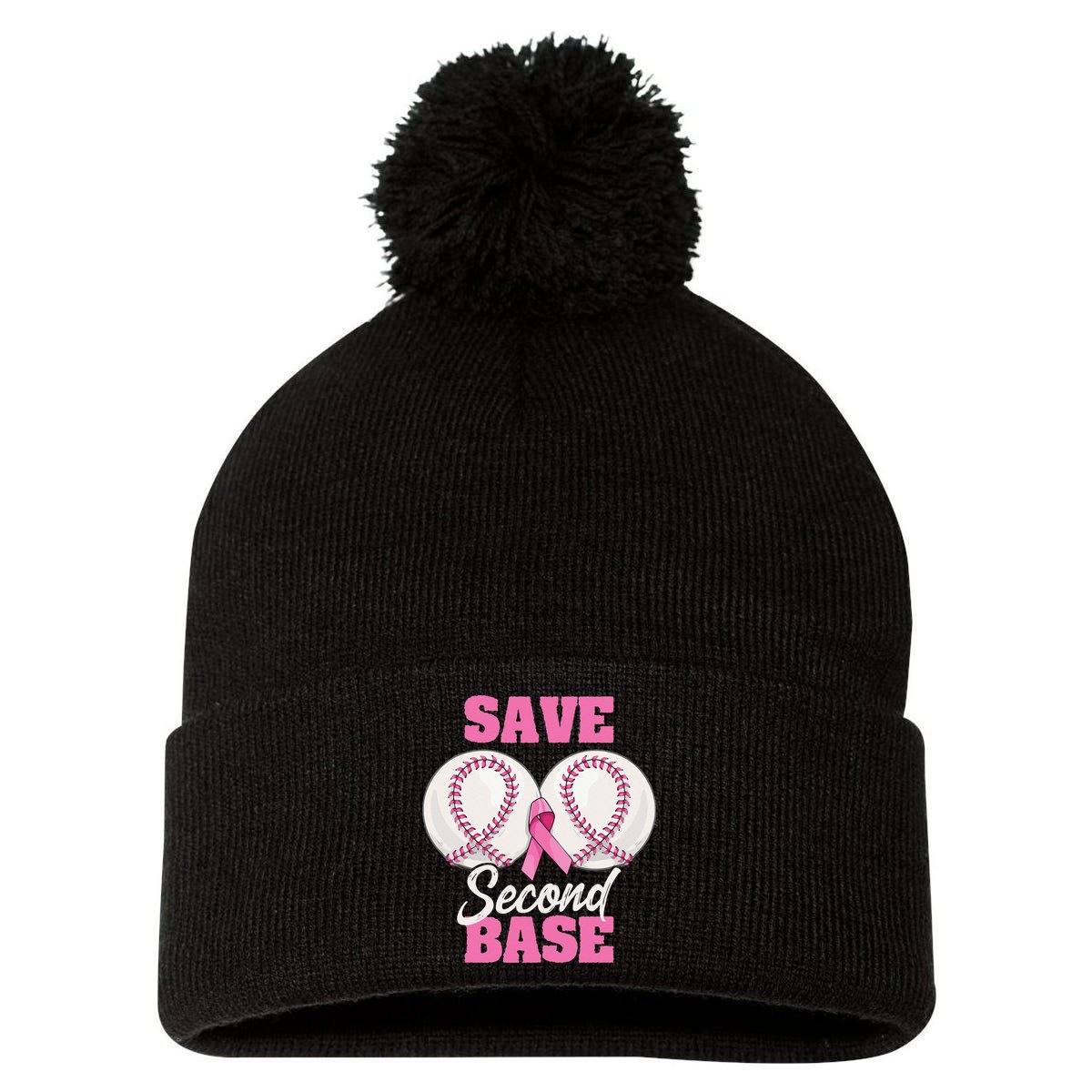Save Second 2nd Base Funny Baseball Breast Cancer Awareness Pom Pom 12in Knit Beanie