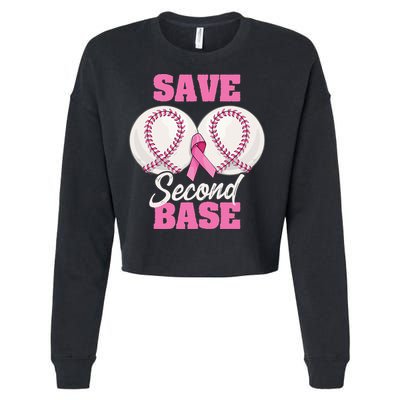 Save Second 2nd Base Funny Baseball Breast Cancer Awareness Cropped Pullover Crew