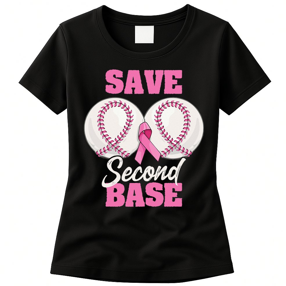 Save Second 2nd Base Funny Baseball Breast Cancer Awareness Womens T-Shirt