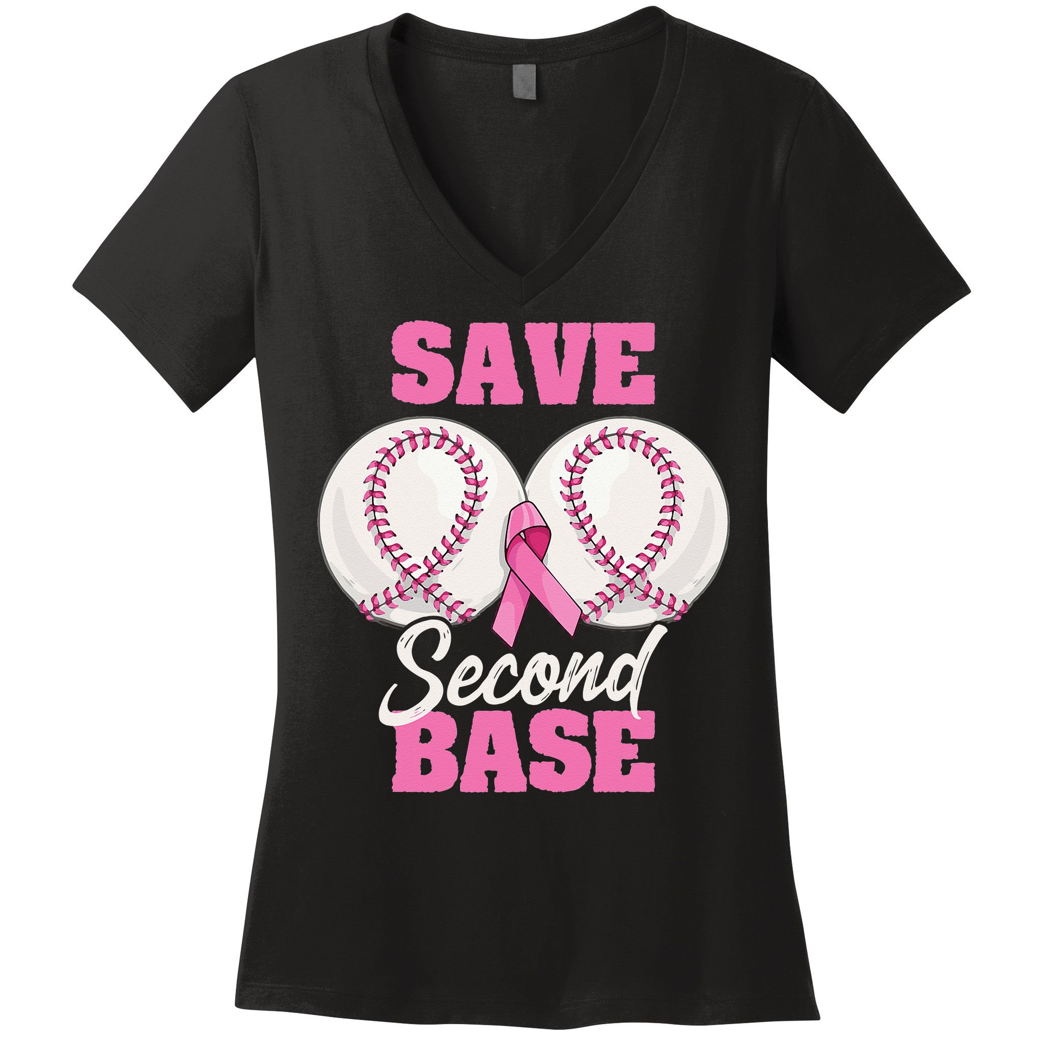 Save Second 2nd Base Funny Baseball Breast Cancer Awareness Women's V-Neck T-Shirt