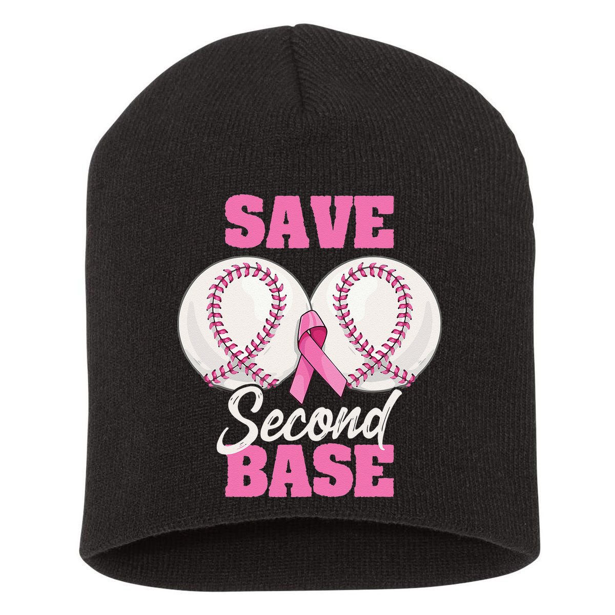 Save Second 2nd Base Funny Baseball Breast Cancer Awareness Short Acrylic Beanie