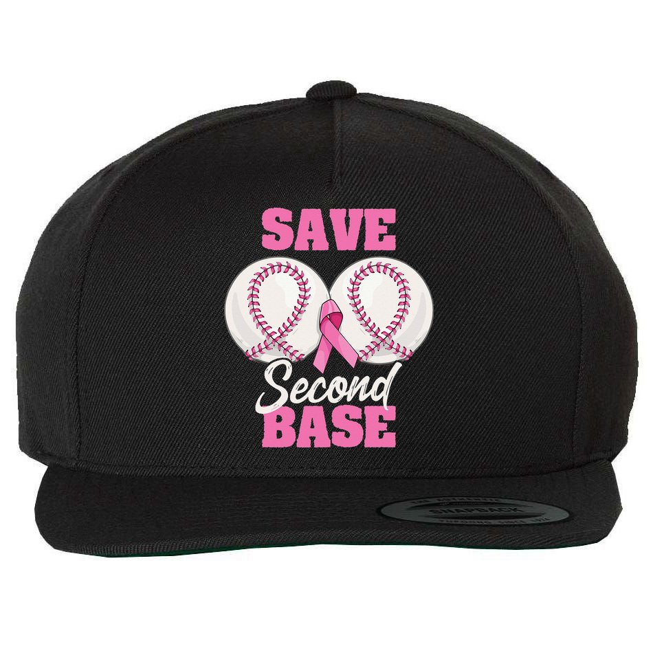Save Second 2nd Base Funny Baseball Breast Cancer Awareness Wool Snapback Cap