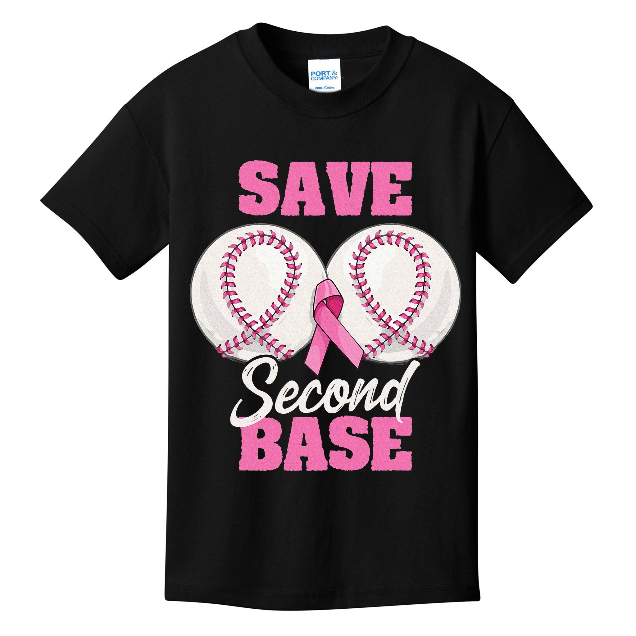 Save Second 2nd Base Funny Baseball Breast Cancer Awareness Kids T-Shirt