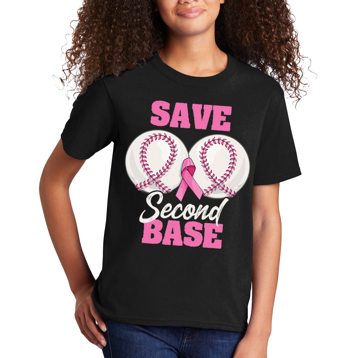 Save Second 2nd Base Funny Baseball Breast Cancer Awareness Kids T-Shirt