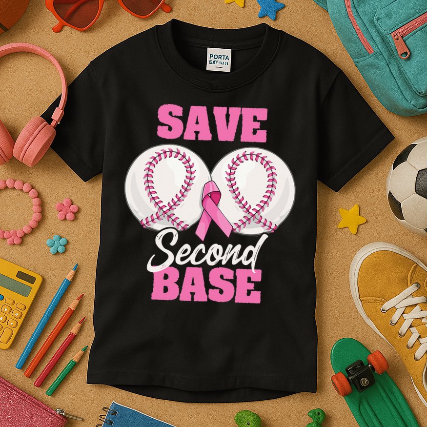 Save Second 2nd Base Funny Baseball Breast Cancer Awareness Kids T-Shirt