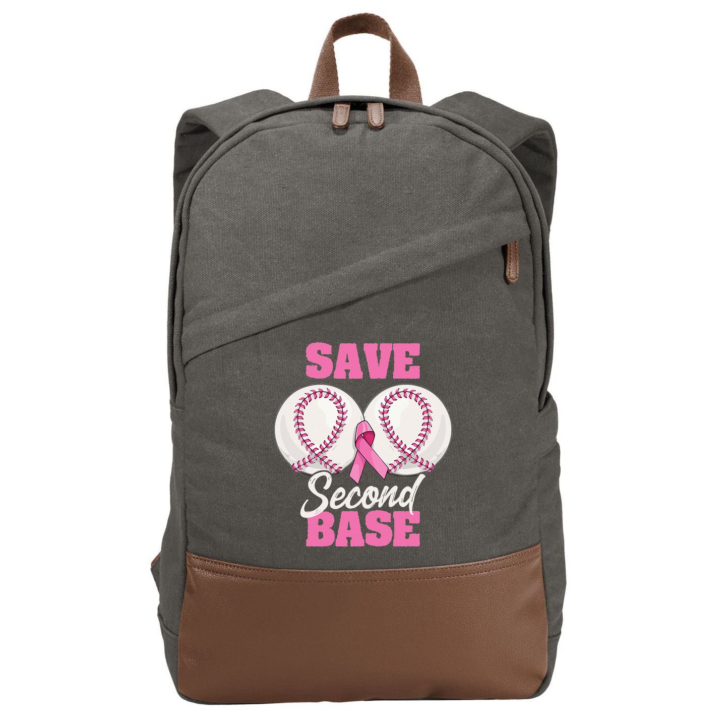 Save Second 2nd Base Funny Baseball Breast Cancer Awareness Cotton Canvas Backpack