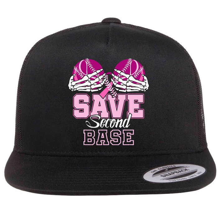 Save Second 2nd Base Baseball Breast Cancer Flat Bill Trucker Hat