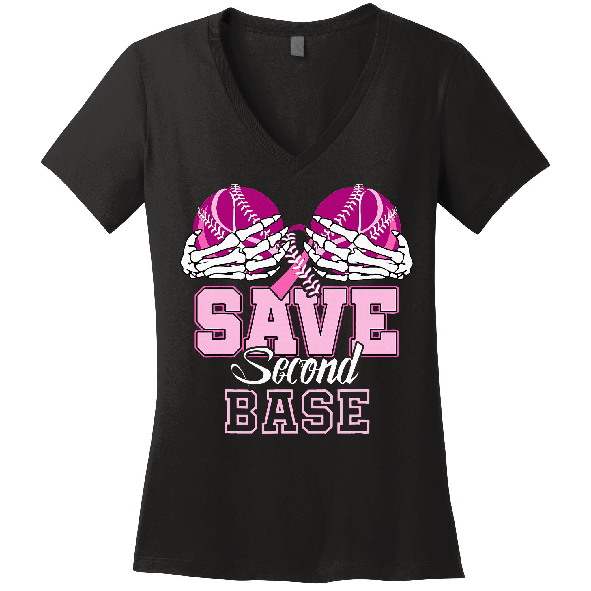 Save Second 2nd Base Baseball Breast Cancer Women's V-Neck T-Shirt