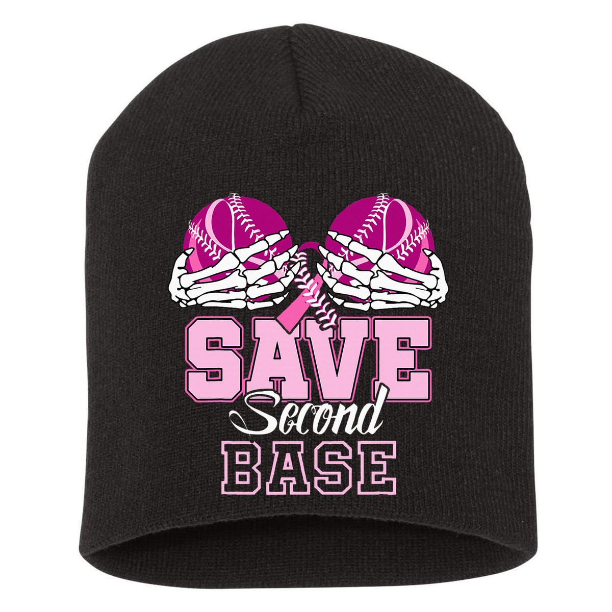 Save Second 2nd Base Baseball Breast Cancer Short Acrylic Beanie