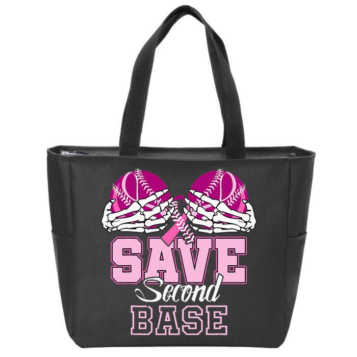 Save Second 2nd Base Baseball Breast Cancer Zip Tote Bag