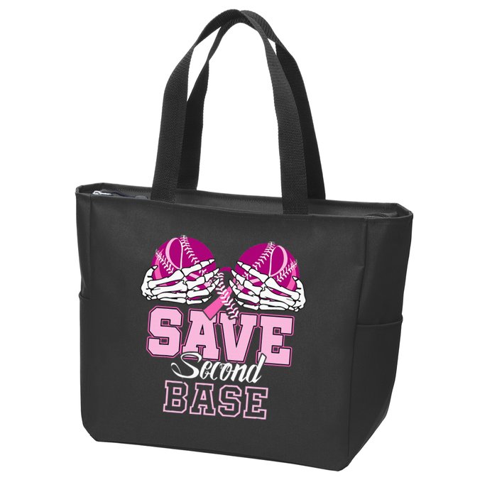 Save Second 2nd Base Baseball Breast Cancer Zip Tote Bag