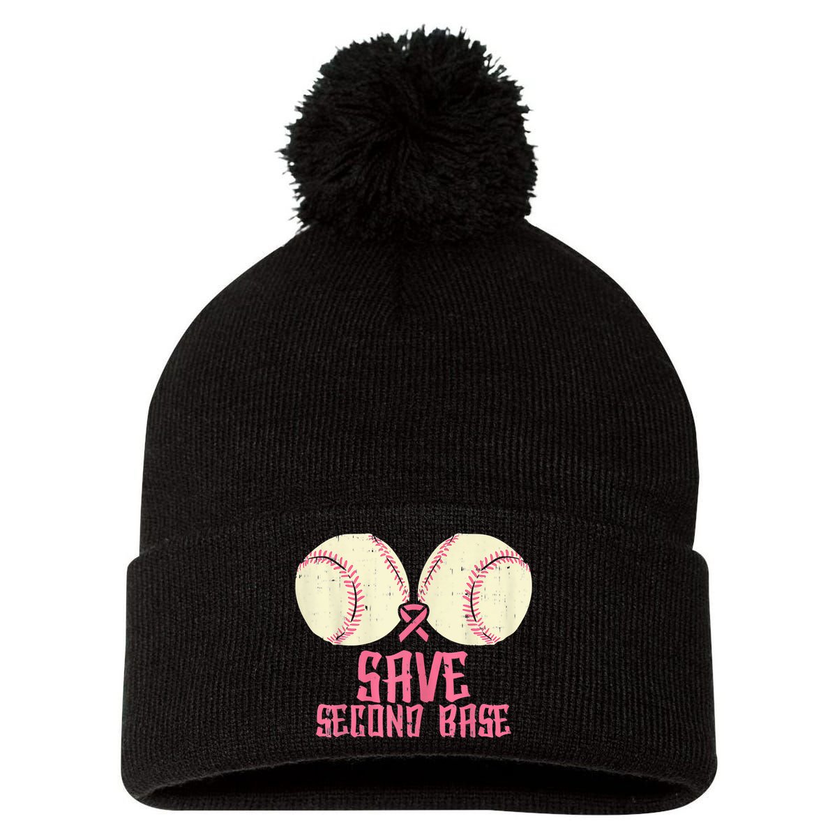 Support Save 2nd Base Breast Cancer Pom Pom 12in Knit Beanie