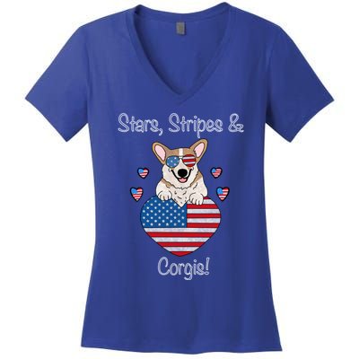 Stars Stripes And Corgis Pembroke Welsh Corgi Indian Creek Gift Women's V-Neck T-Shirt