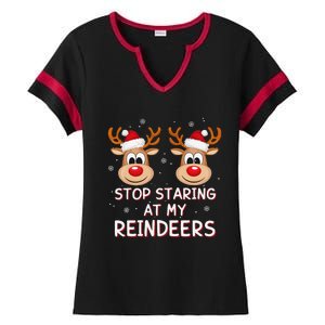 Stop Staring At My Reindeers Dirty Xmas Boob Joke Ladies Halftime Notch Neck Tee