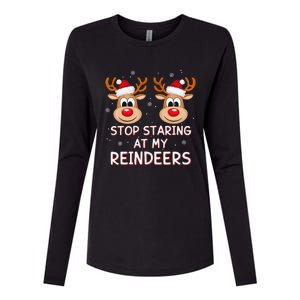 Stop Staring At My Reindeers Dirty Xmas Boob Joke Womens Cotton Relaxed Long Sleeve T-Shirt