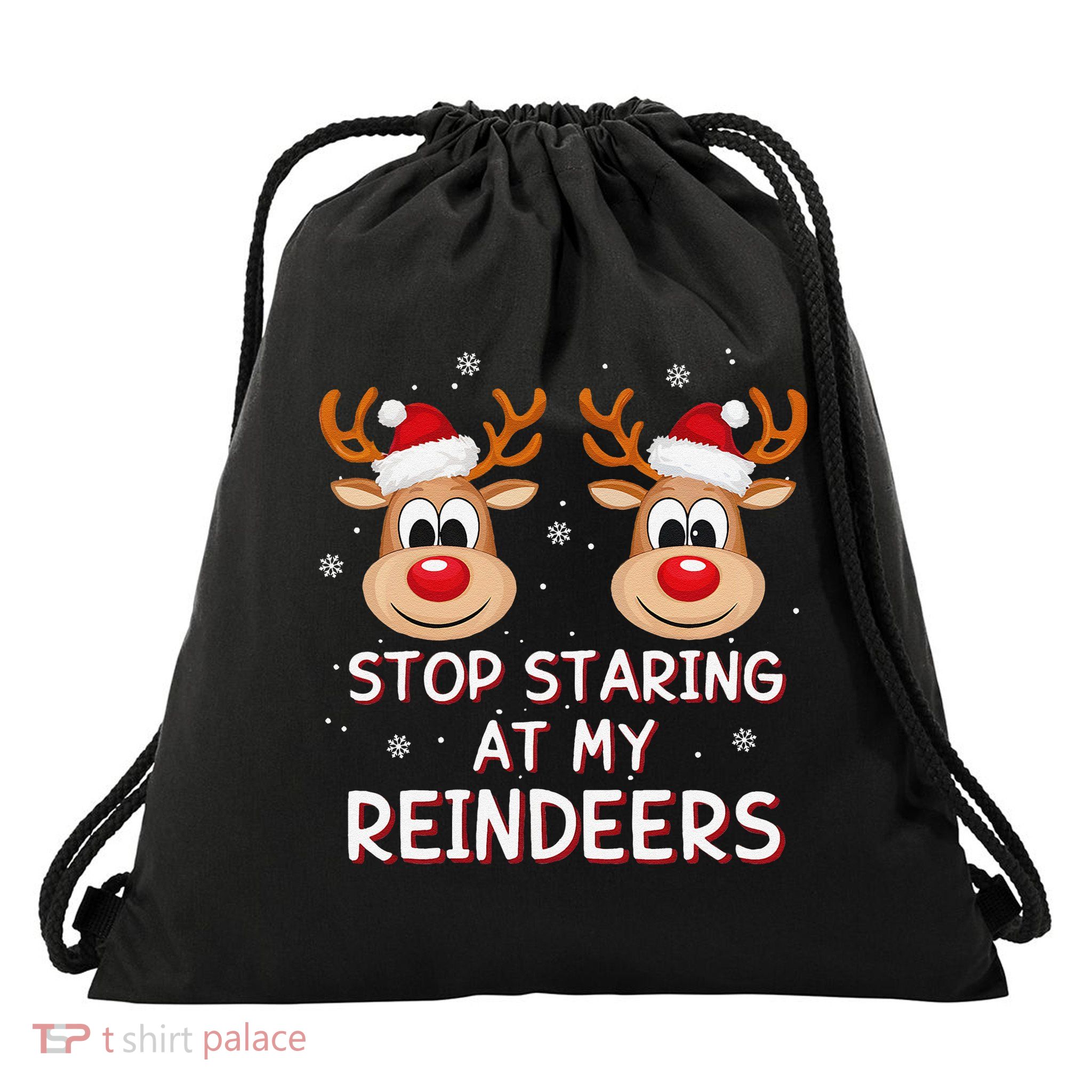 Stop Staring At My Reindeers Dirty Xmas Boob Joke Drawstring Bag