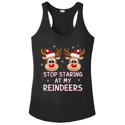 Stop Staring At My Reindeers Dirty Xmas Boob Joke Ladies PosiCharge Competitor Racerback Tank