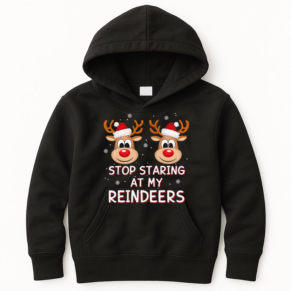 Stop Staring At My Reindeers Dirty Xmas Boob Joke Kids Hoodie