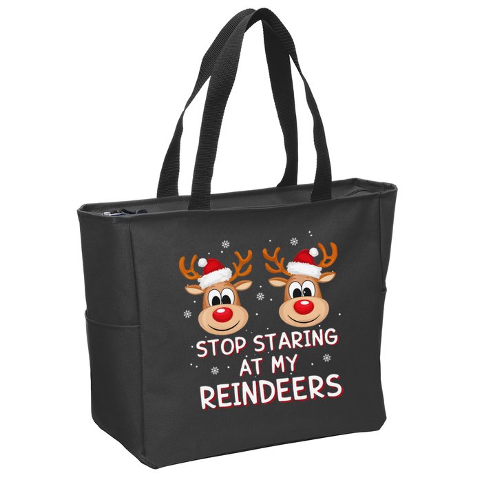 Stop Staring At My Reindeers Dirty Xmas Boob Joke Zip Tote Bag