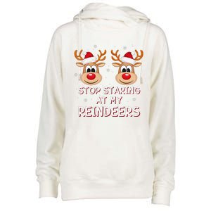 Stop Staring At My Reindeers Dirty Xmas Boob Joke Womens Funnel Neck Pullover Hood