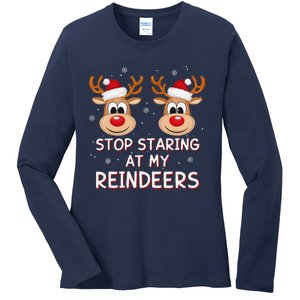 Stop Staring At My Reindeers Dirty Xmas Boob Joke Ladies Long Sleeve Shirt