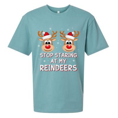 Stop Staring At My Reindeers Dirty Xmas Boob Joke Sueded Cloud Jersey T-Shirt