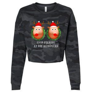 Stop Staring At My Reindeers Boobs Ugly Gag Xmas Sweater  Cropped Pullover Crew