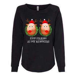 Stop Staring At My Reindeers Boobs Ugly Gag Xmas Sweater  Womens California Wash Sweatshirt