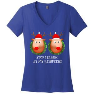 Stop Staring At My Reindeers Boobs Ugly Gag Xmas Sweater  Women's V-Neck T-Shirt