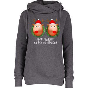 Stop Staring At My Reindeers Boobs Ugly Gag Xmas Sweater  Womens Funnel Neck Pullover Hood