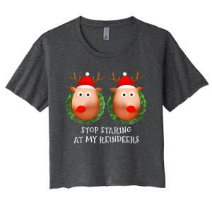 Stop Staring At My Reindeers Boobs Ugly Gag Xmas Sweater  Women's Crop Top Tee