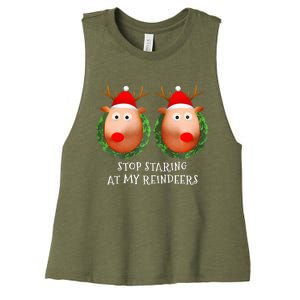 Stop Staring At My Reindeers Boobs Ugly Gag Xmas Sweater  Women's Racerback Cropped Tank