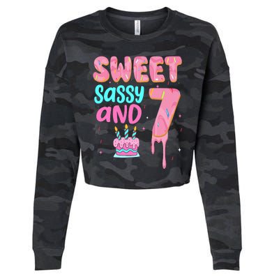 Sweet Sassy And Seven Birthday Girl Donut 7th Birthday Cropped Pullover Crew