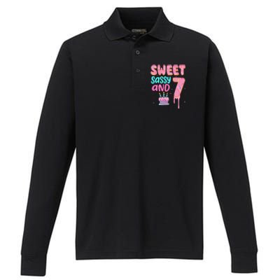 Sweet Sassy And Seven Birthday Girl Donut 7th Birthday Performance Long Sleeve Polo